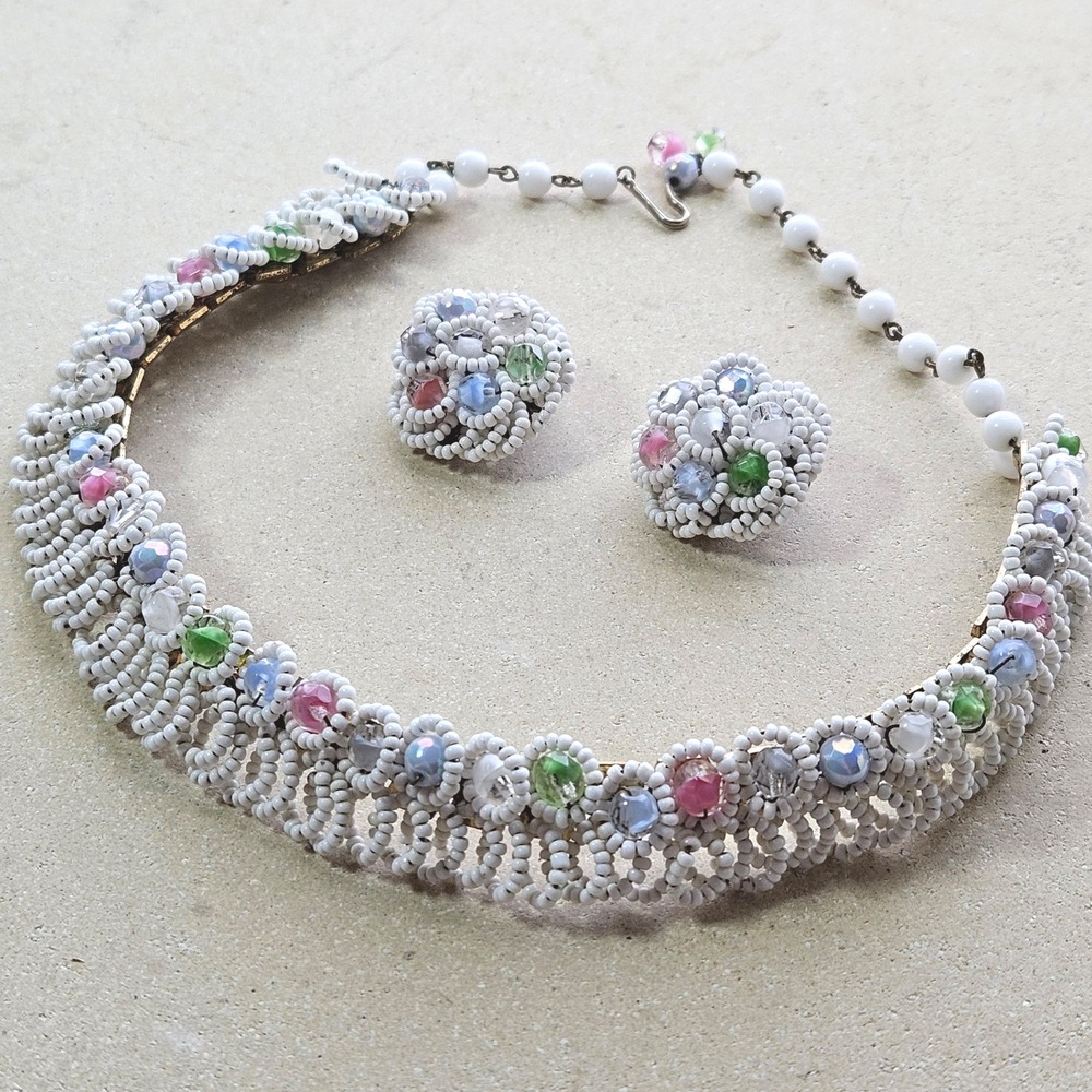 Vtg 50s White Seed Bead Pastel Glass Choker Necklace and Clip On Earrings Set